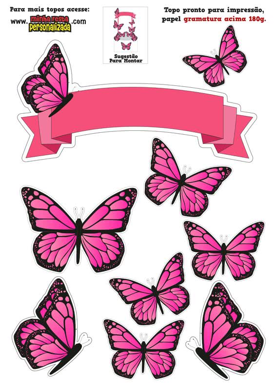 Topo de Bolo Borboleta Pink / Artes Rufino ®